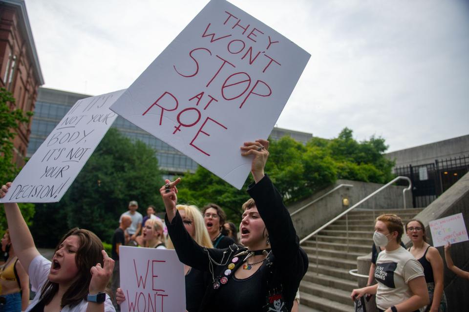 Abortion-rights supporters rally in Knoxville on June 26 to protest the Supreme Court overturning Roe v. Wade.