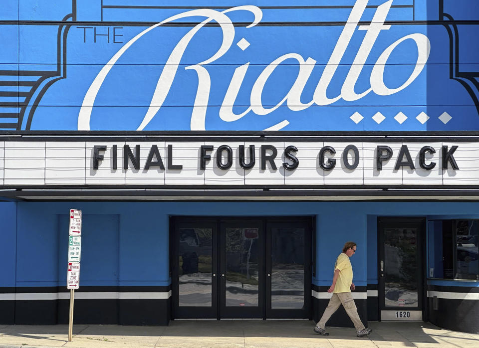 The marquee at the historic Rialto Theater pays tribute to North Carolina State’s men’s and women’s NCAA college basketball teams each reaching the Final Four, Monday, April 1, 2024, in Raleigh, N.C. (AP Photo/Aaron Beard)