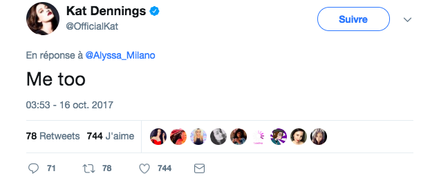 <p>Kat Dennings, que l’on connaît pour son rôle dans “2 Broke Girls”, a repris le hashtag lancé par Alyssa Milano. (Twitter) </p>