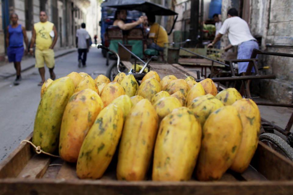 FILE - In this Wednesday, April 22, 2009 file photo, papayas sit on a cart at a public market in Old Havana, Cuba. On Friday, June 14, 2019, The Associated Press reported that stories circulating on the internet claiming that papaya, ginger and various other fruits and herbs work as natural birth control options, are untrue. (AP Photo/Javier Galeano)