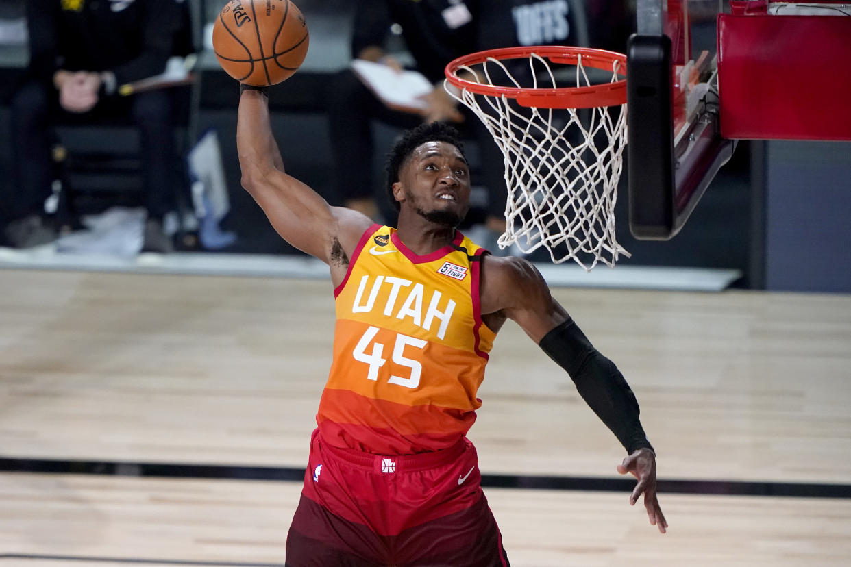 Utah Jazz's Donovan Mitchell achieved career highs in scoring, rebounds, assists, and three-pointers made last season. (Ashley Landis/Pool Photo/USA TODAY Sports)