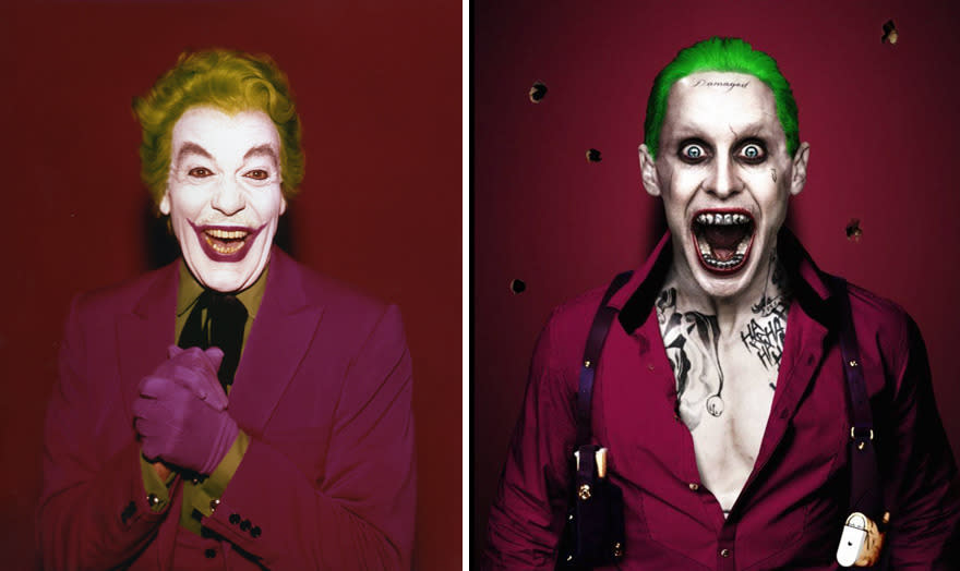 5. El Guasón, en 1966 y en 2016. El Joker es un personaje ficticio, un supervillano que aparece en los cómics publicados por la editorial estadounidense DC Comics. El archirival de Batman fue creado por Jerry Robinson, Bill Finger y Bob Kane, como un psicópata asesino, pero debido a los límites establecidos por la Comics Code Authority, su personalidad fue cambiada a la de un simple bufón inofensivo, al cual le gustaba molestar a los policías. Foto: Imbd.com