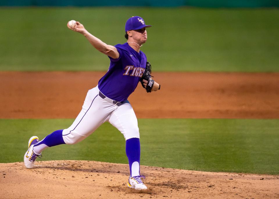 Starting pitcher for the tigers Paul Skenes on the mound as the LSU Tigers take on the Tennessee Volunteers at Alex Box Stadium in Baton Rouge, La. Thursday, March 30, 2023.