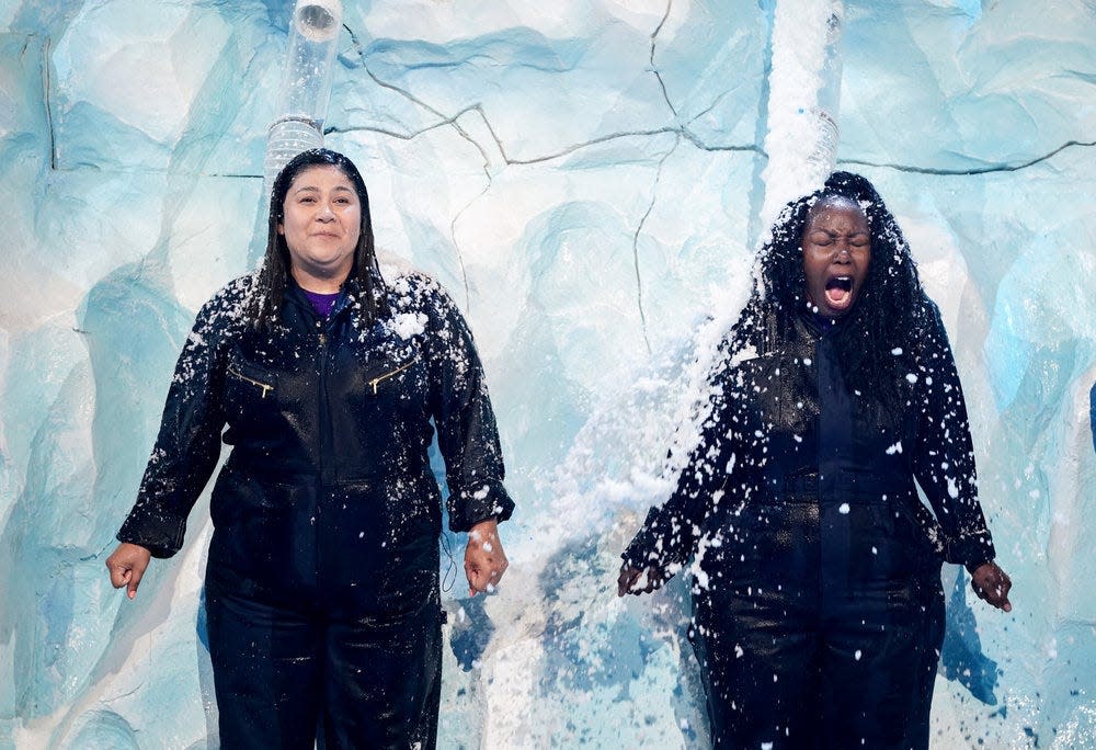 Two "Family Game Fight!" contestants are hit with a spurt of ice during "Brain Freeze."