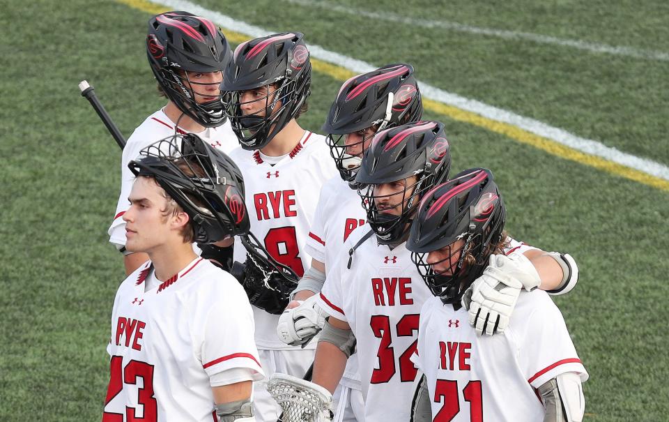 Rye lacrosse players saw their season come to an end against Garden City in the boys lacrosse Class B state semifinal at University of Albany June 8, 2022.  Garden City won the game 6-4.