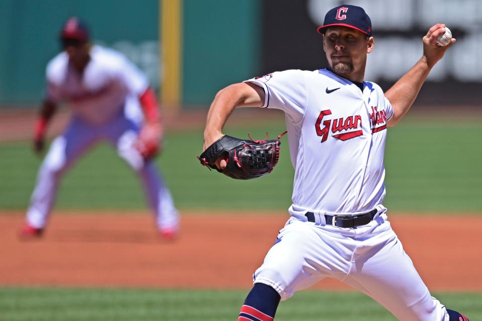 Cleveland Guardians starting pitcher Kirk McCarty delivers in the first inning in the first baseball game of a doubleheader against the New York Yankees, Saturday, July 1, 2022, in Cleveland. (AP Photo/David Dermer)