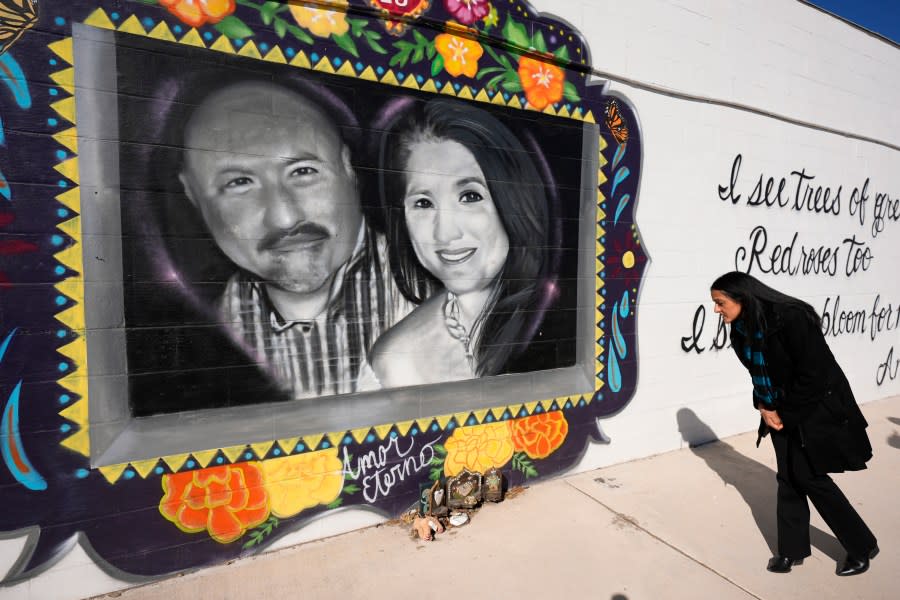 Associate Attorney General Vanita Gupta tours murals of shooting victims, Wednesday, Jan. 17, 2024, in Uvalde, Texas. The Justice Department is planning this week to release findings of an investigation into the 2022 school shooting. (AP Photo/Eric Gay)