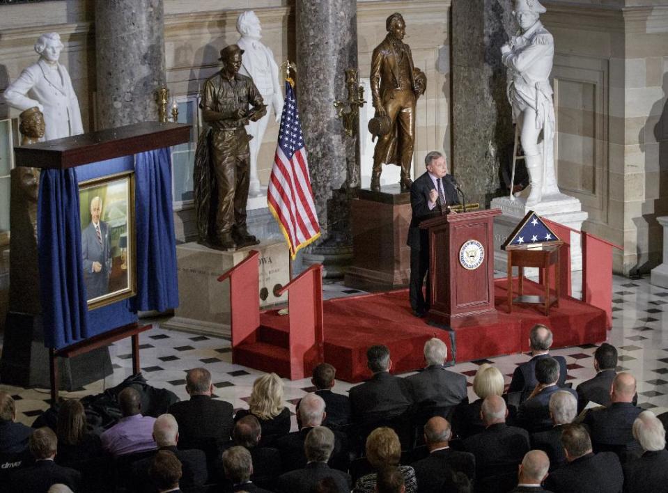 Senate Minority Whip Richard Durbin of Ill. speaks in Statuary Hall on Capitol Hill in Washington, Thursday, March 9, 2017, during a memorial service honoring former Illinois Rep. Bob Michel. Michel, who represented Illinois' 18th Congressional District and served as House minority leader from 1981 to 1995, died on February 17, 2017. (AP Photo/J. Scott Applewhite)