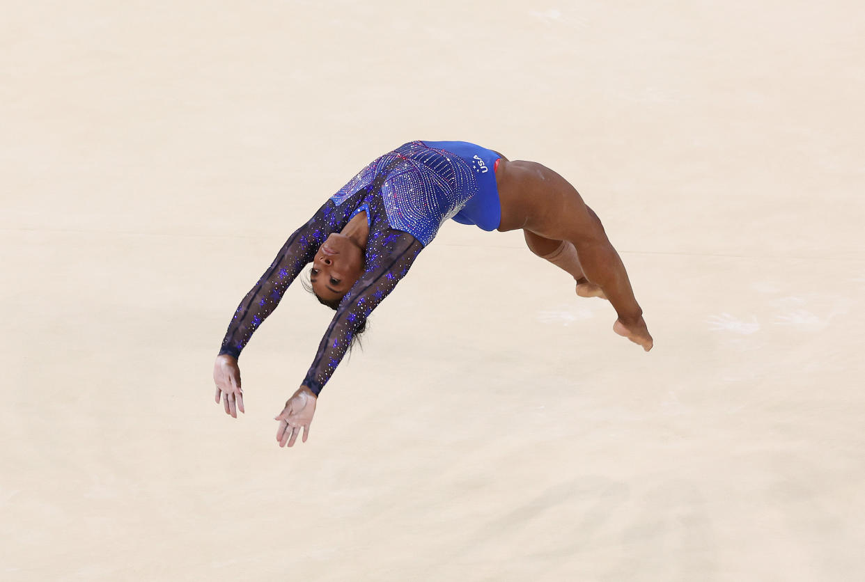 PARIS, FRANCE - AUGUST 01: Simone Biles of Team United States competes in the floor exercise during the Artistic Gymnastics Women's All-Around Final on day six of the Olympic Games Paris 2024 at Bercy Arena on August 01, 2024 in Paris, France. (Photo by Christian Petersen/Getty Images)