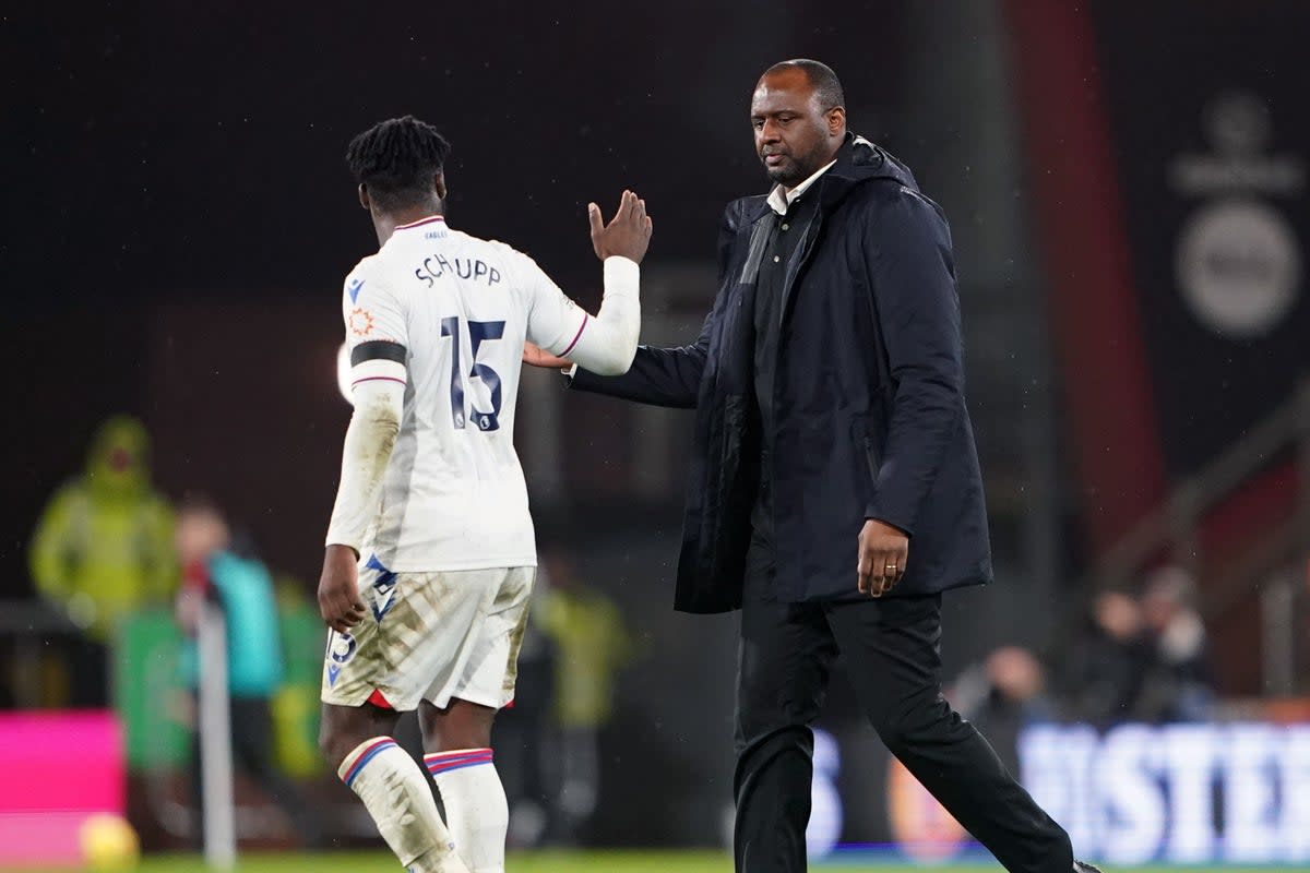 Patrick Vieira celebrates with Jeffrey Schlupp after Crystal Palace beat Bournemouth (Zac Goodwin/PA) (PA Wire)