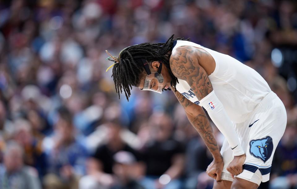 Ja Morant reacts as the team trails the Denver Nuggets on March 3.