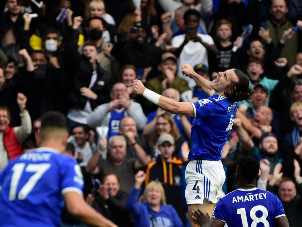 Caglar Soyuncu celebrates scoring Leicester’s second goal (Reuters)