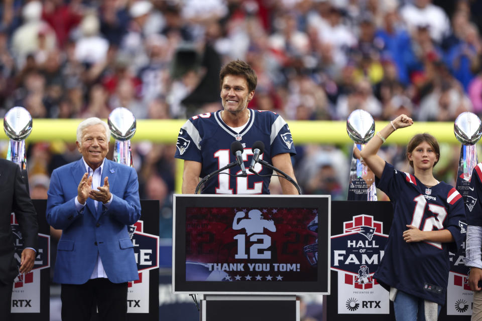 Flanked by his Lombardi Trophies, Tom Brady was honored Sunday at Gillette Stadium. He casts a long shadow over the franchise. (Photo by Kevin Sabitus/Getty Images)