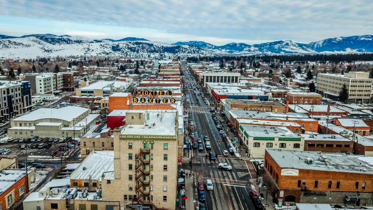 Aerial View of Main Street in downtown Bozeman Montana.