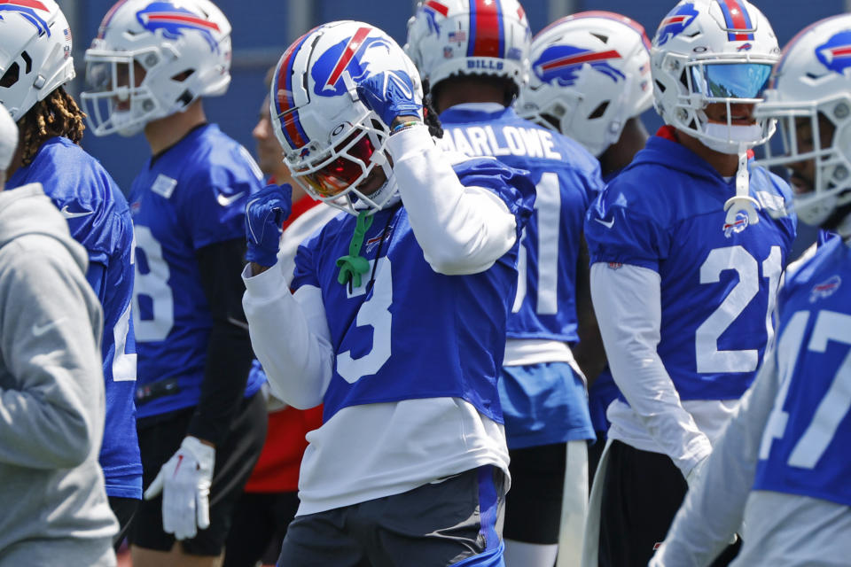 Buffalo Bills defensive back Damar Hamlin (3) reacts during NFL football practice in Orchard Park, N.Y., Tuesday June 13, 2023. (AP Photo/Jeffrey T. Barnes)