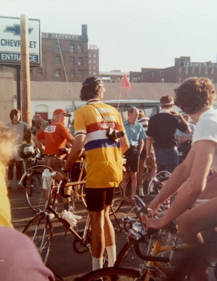 John Karras at the corner of Second and Nebraska streets in Downtown Sioux City at the start of the "Great Six Day Bike Trip" on Aug. 26, 1973. In 1975 the event was re-named the Register's Annual Great Bicycle Ride Across Iowa.