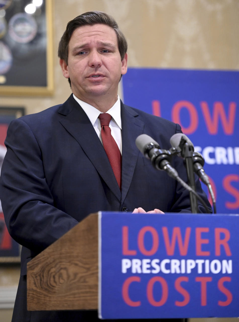 Florida Gov. Ron DeSantis speaks about the need to lower prescription costs by importing drugs from other countries, Tuesday, June 11, 2019, at the Eisenhower Recreation Center in The Villages, Fla.(Max Gersh/Daily Sun via AP)