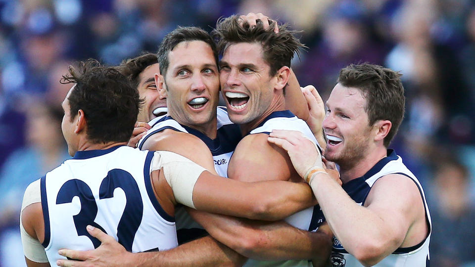 Pictured here, Tom Hawkins celebrates with Geelong teammates during a match.