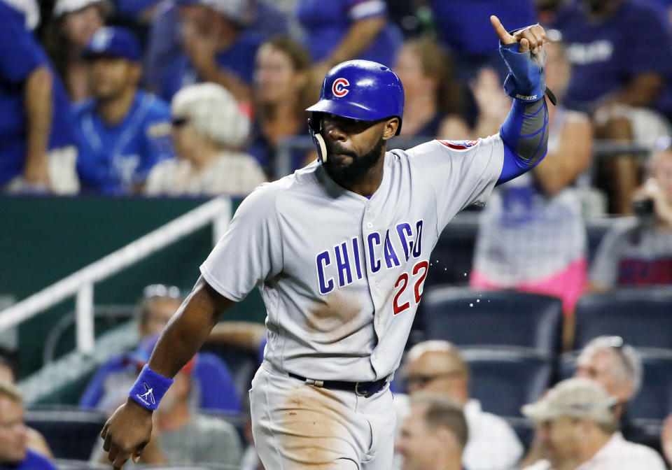 FILE – In this Aug. 6, 2018, file photo, Chicago Cubs’ Jason Heyward reacts after scoring in the eighth inning of a baseball game against the Kansas City Royals at Kauffman Stadium in Kansas City, Mo. Heyward and San Francisco reliever Mark Melancon let the deadline pass from exercising opt-out provisions in their contracts. (AP Photo/Colin E. Braley, File(