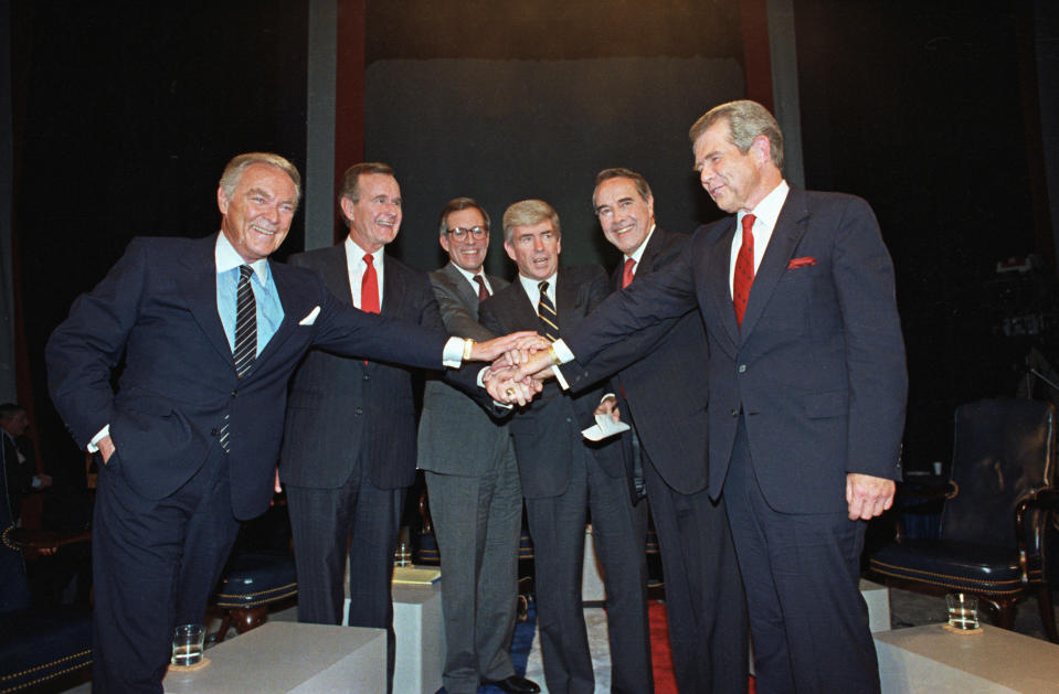 The six Republican presidential candidates, Alexander Haig, Vice President George Bush, Pierre du Pont, Jack Kemp, Bob Dole and Pat Robertson after their first joint debate on Firing Line in Houston. (Bettmann Archive)