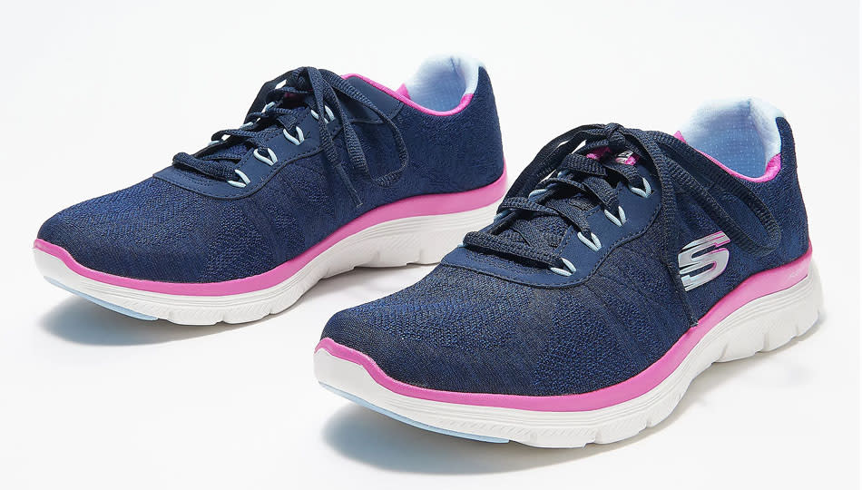 Skechers Flex Appeal Washable Lace-Up Sneakers come in three colors including navy. (Photo: QVC)