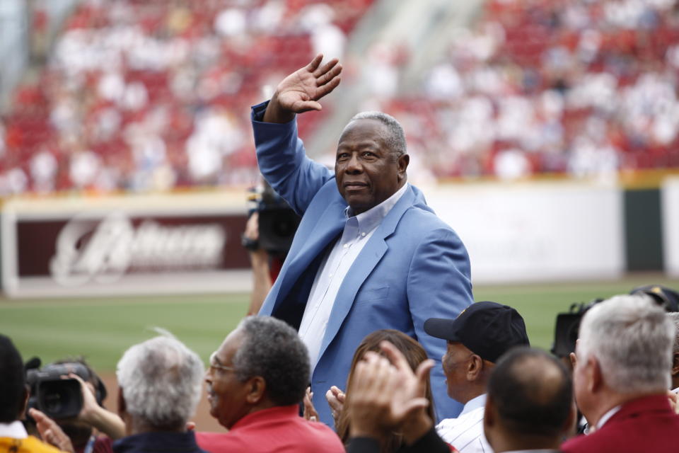 Hank Aaron waves to the crowd at the 2010 Civil Rights Game in Cincinnati.