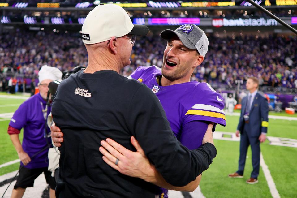 MINNEAPOLIS, MINNESOTA - DECEMBER 17: Kirk Cousins #8 of the Minnesota Vikings celebrates on the field after defeating the Indianapolis Colts at U.S. Bank Stadium on December 17, 2022 in Minneapolis, Minnesota. (Photo by Adam Bettcher/Getty Images)