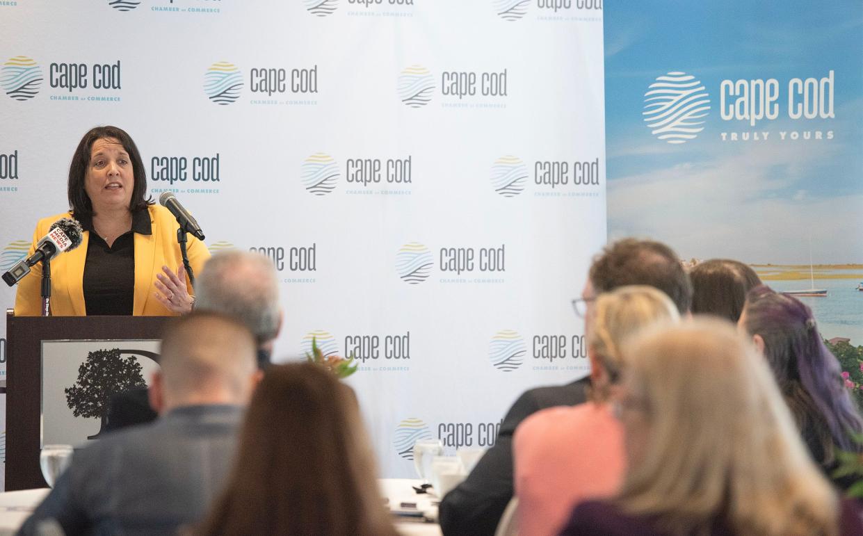 Massachusetts Lt. Gov.  Kim Driscoll speaks to a crowded room at the Cape Cod Chamber of Commerce Travel and Tourism Forum on Wednesday at the DoubleTree by Hilton Cape Cod.