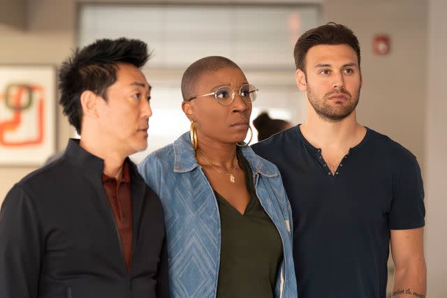 <p>Mike Taing/Disney</p> Kenneth Choi, Aisha Hinds, and Ryan Guzman on '9-1-1' season 7.