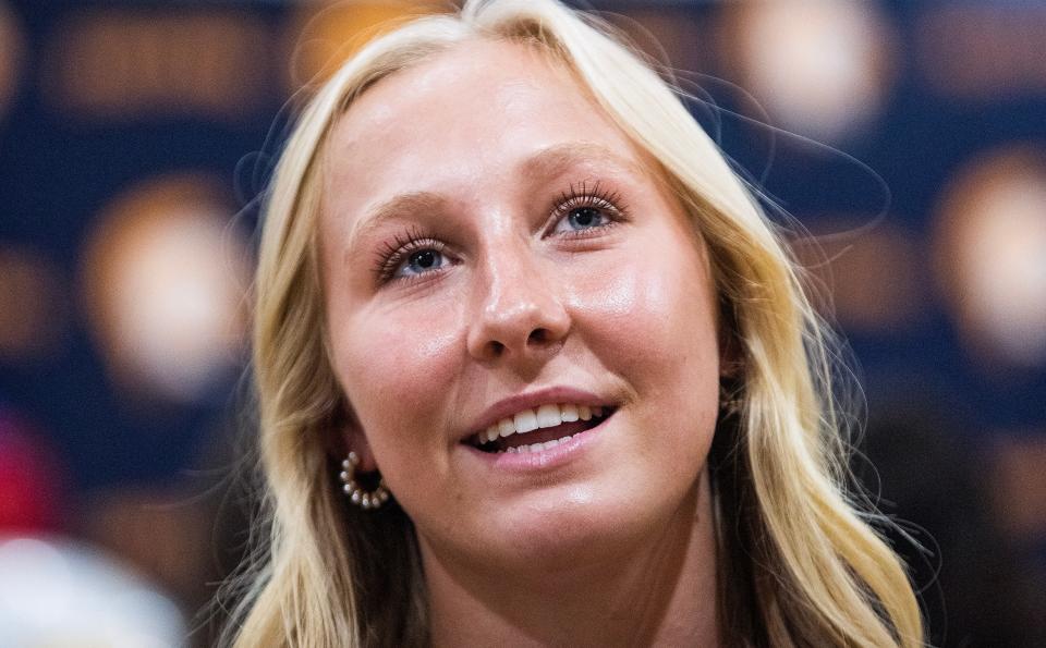 Lipscomb University soccer signee Katie Brightwell speaks during a signing ceremony on the St. James School campus in Montgomery, Ala., on Wednesday November 8, 2023.