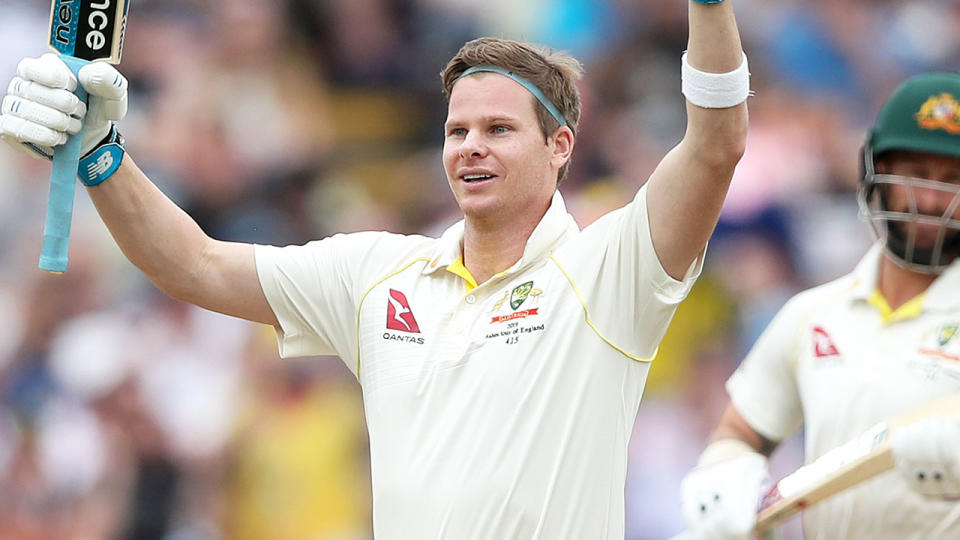 Steve Smith celebrates his second century of the first Ashes Test. (Photo by Nick Potts/PA Images via Getty Images)