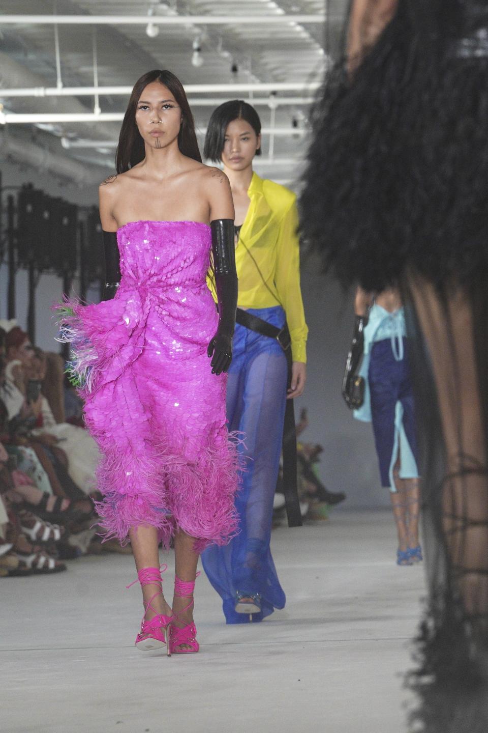 Fashion from the Prabal Gurung Spring Summer 2023 collection is modeled during Fashion Week, Saturday Sept. 10, 2022 in New York. (AP Photo/Bebeto Matthews)