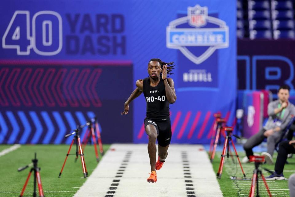 Wide receiver Xavier Worthy of Texas participates in the 40-yard dash during the NFL Combine at Lucas Oil Stadium on March 2, 2024, in Indianapolis. (Stacy Revere/Getty Images/TNS) Stacy Revere/TNS