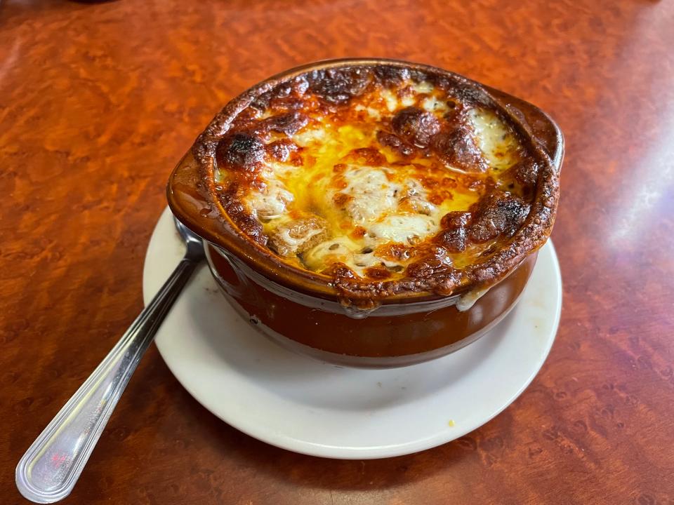 The French onion soup at the Waterloo Restaurant in Akron features homemade croutons.