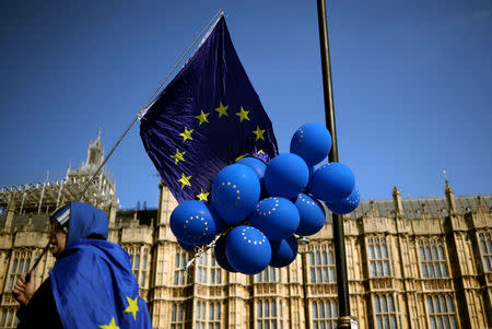 Anti-Brexit protesters are seen outside the Houses of Parliament in London, Britain April 10, 2019. REUTERS/Hannah McKay