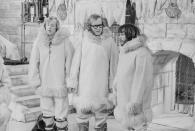 Comedians (L-R) Tim Brooke-Taylor, Graeme Garden and Bill Oddie in a sketch from episode 'Winter Olympics' of the BBC television series 'The Goodies', December 7th 1972. (Photo by Don Smith/Radio Times via Getty Images)