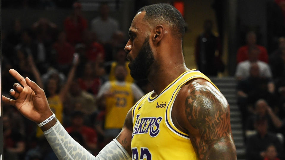 The Lakers’ biggest star made his Los Angeles debut Saturday against Houston.