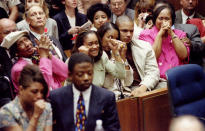 <p>The Simpson family, including his mother, Eunice, and oldest kids, Arnelle and Jason, react as O.J. Simpson is acquitted of killing Nicole Brown Simpson and Ronald Goldman. (Photo: Pool/Reuters) </p>