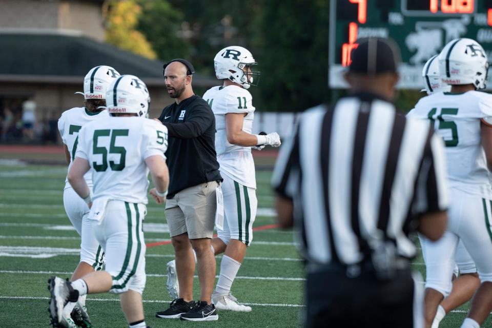 Sept 1, 2023; Franklin Lakes, NJ, USA; Somers (NY) at Ramapo (NJ) in a high school football game on Friday, Sept. 1, 2023. Ramapo head coach Mike DeFazio. Mandatory Credit: Michael Karas-The Record