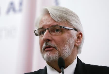 Poland's Foreign Minister Witold Waszczykowski speaks during a news briefing after a meeting with Ukraine's Foreign Minister Pavlo Klimkin and Britain's Foreign Secretary Boris Johnson in Kiev, Ukraine, March 1, 2017. REUTERS/Valentyn Ogirenko