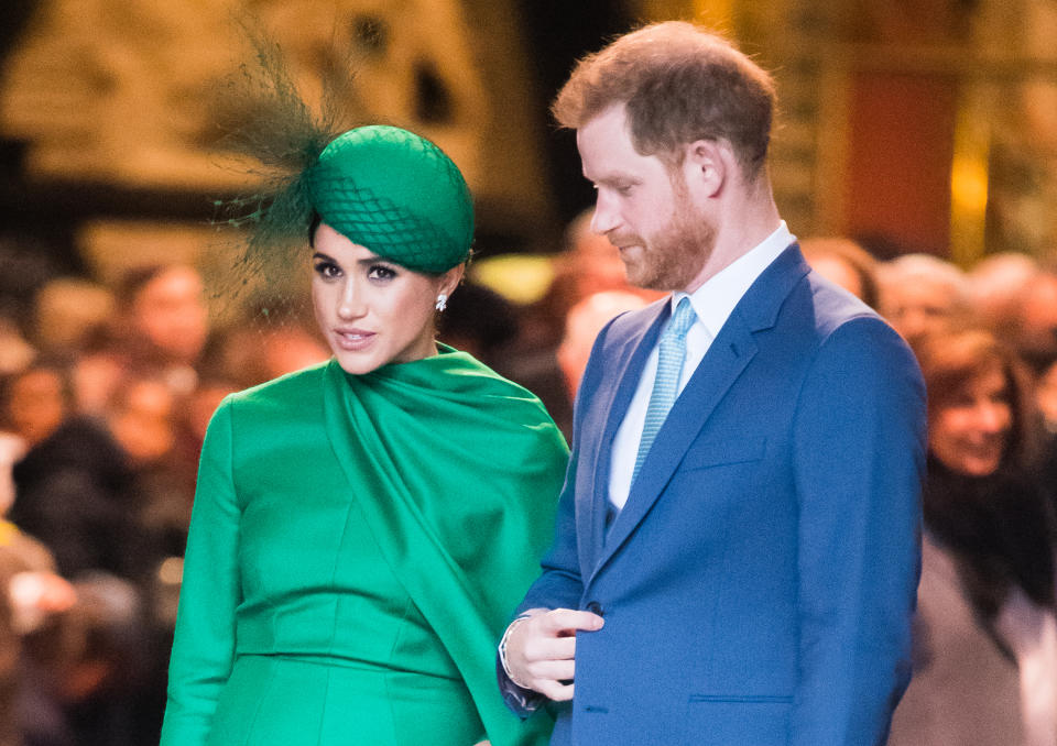 LONDON, ENGLAND - MARCH 09:  Prince Harry, Duhcess of Sussex and Meghan, Duchess of Sussex attend the Commonwealth Day Service 2020 on March 09, 2020 in London, England. (Photo by Samir Hussein/WireImage)