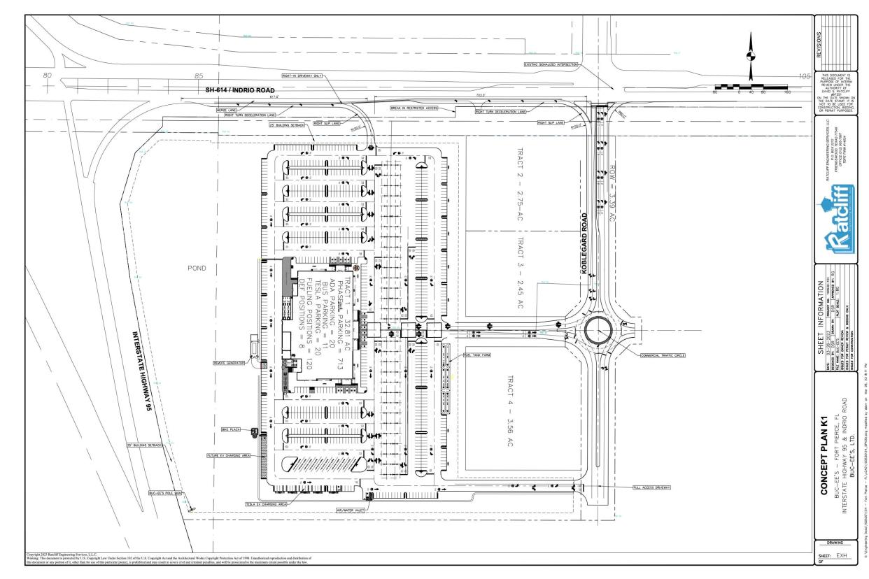 Travel center and fueling station conceptual site plan provided by St. Lucie County. Note "Buc-ee's -- Fort, Pierce, FL" and "Buc-ee's Ltd." notation on bottom right.