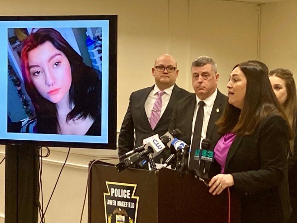 Bucks County District Attorney Jennifer Schorn discusses the fatal knifing of Jaden Kylie Battista (pictured left) at a Monday morning press conference.