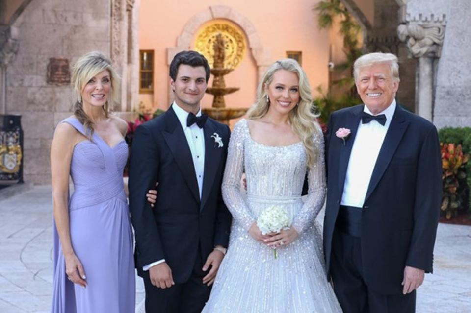 Marla Maples with Tiffany Trump, Michael Boulos and Donald Trump at her daughter's wedding held at Trump's Mar-a-Lago resort, November 12, 2022 (Hy Goldberg for DenisLEON&Co)
