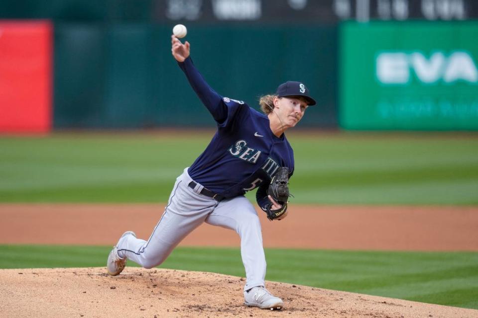 Seattle Mariners’ Bryce Miller pitches against the Oakland Athletics during the first inning of a baseball game in Oakland, Calif., Tuesday, May 2, 2023. (AP Photo/Godofredo A. Vásquez)