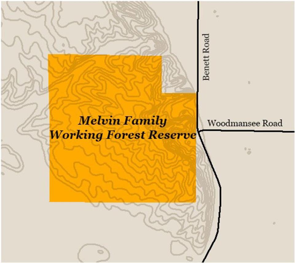 This map shows the location of the Melvin Family Working Forest Reserve in Cheboygan County.