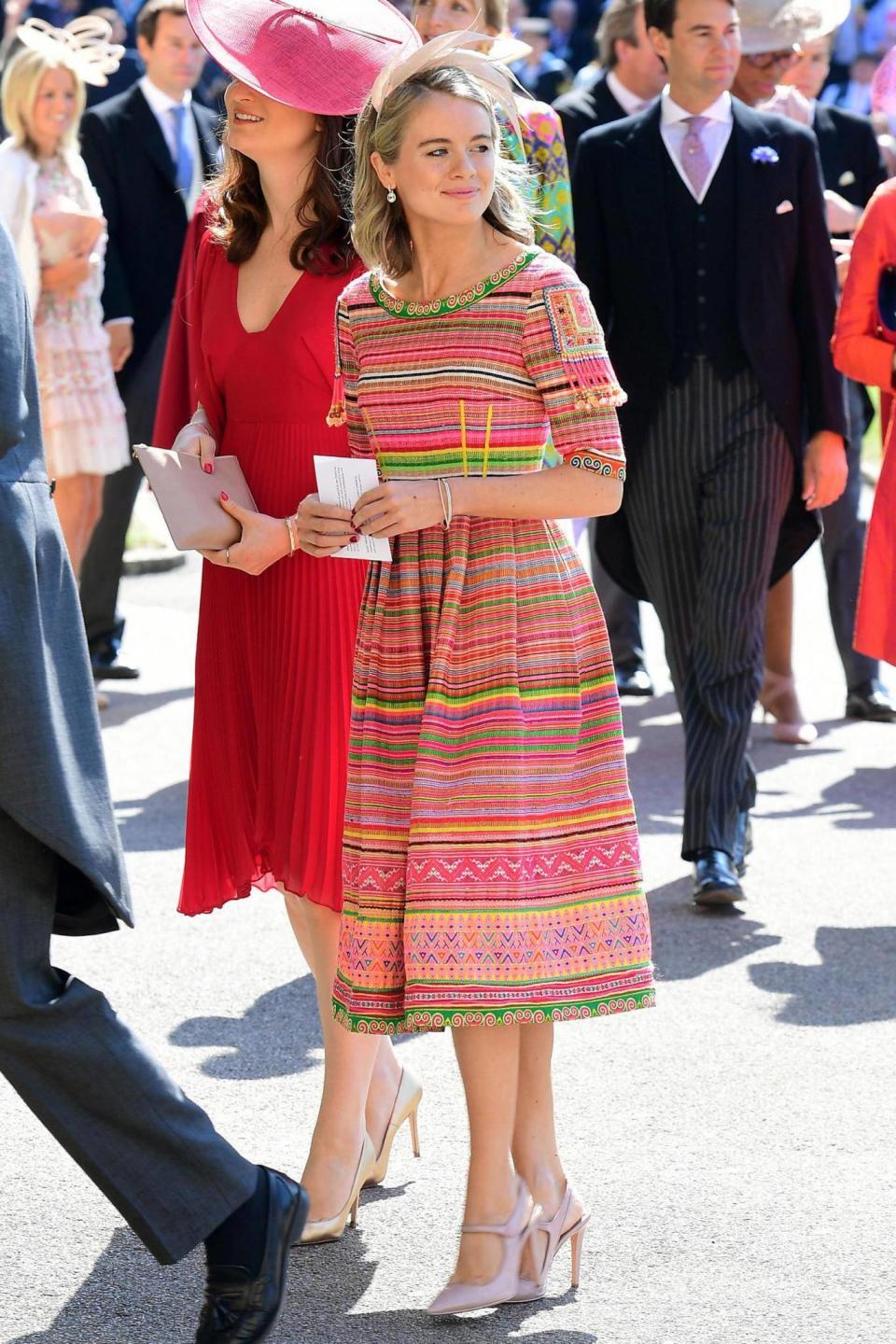 Cressida Bonas attends the royal wedding wearing a colourful ensemble by British designer Eponine. (Getty Images)