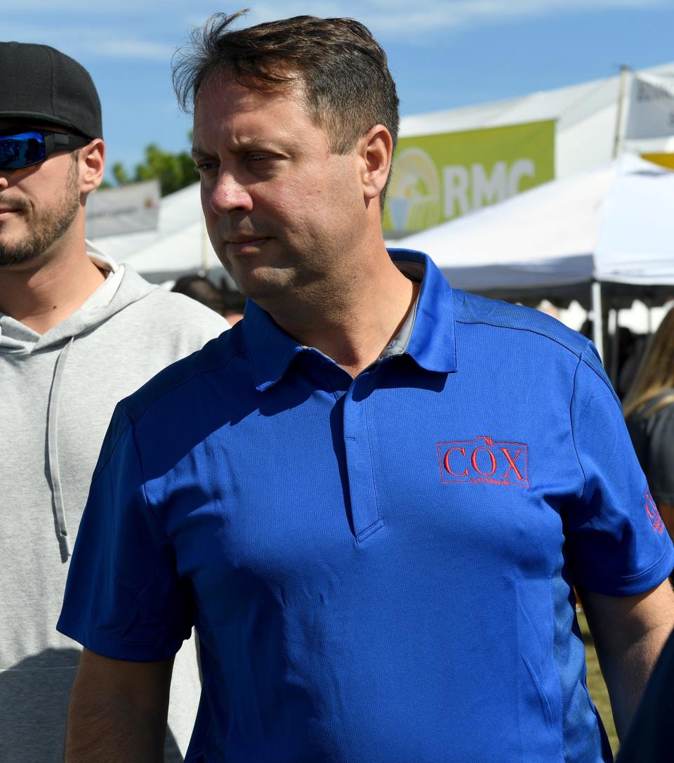 Dan Cox, Republican nominee for governor, at the 45th Annual J. Millard Tawes Crab and Clam Bake in September at Somers Cove Marina in Crisfield, Md. Cox will be attending a rally Oct. 28 in Carroll County, Md.