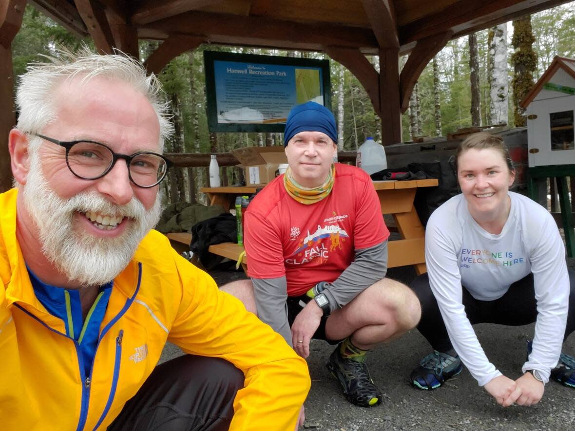 Jos Eijkelestam, left, plans trail runs around New Brunswick, giving the events names like the Odell Onslaught and the Mazerolle Masochism. (Submitted by Jos Eijkelestam - image credit)