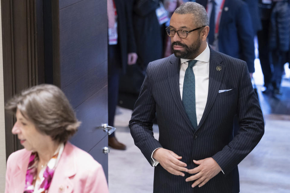 From left, French Foreign Minister Catherine Colonna and British Foreign Secretary James Cleverly arrive at the fifth working session of a G7 Foreign Ministers' Meeting at the Prince Karuizawa hotel in Karuizawa, Japan Tuesday, April 18, 2023. (Yuichi Yamazaki/Pool Photo via AP)
